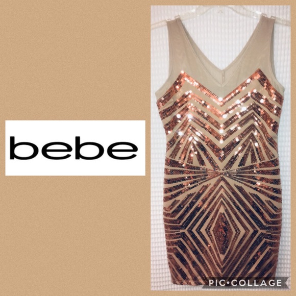 Nwt BEBE Gold Beige Sequin Bodycon Party Dress L - Picture 1 of 7
